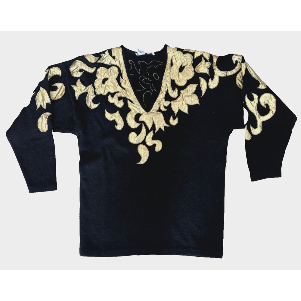 Vintage Outlander Angora Sweater Black Gold Metallic Floral Statement Appliqué L